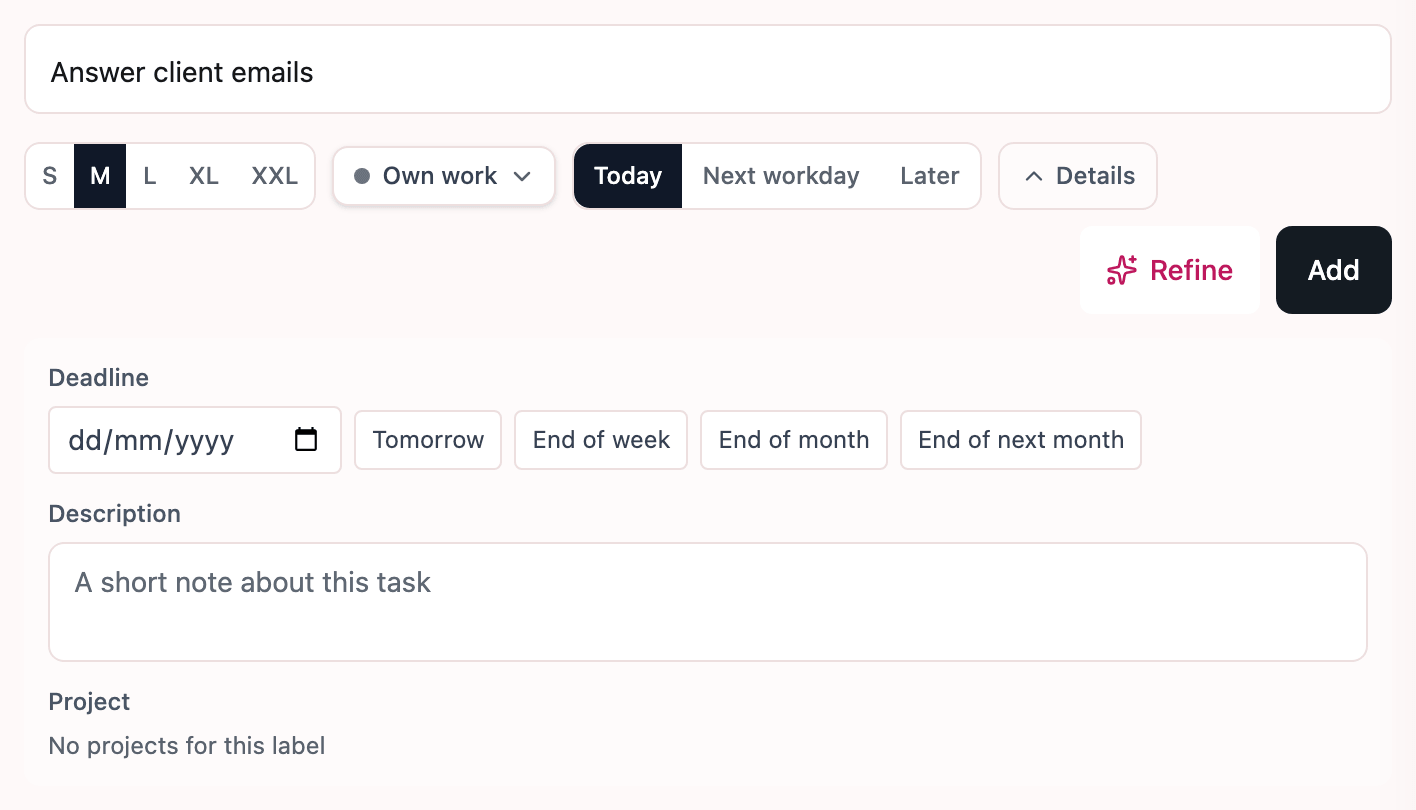 The input field with a task typed in. Below it the sizes S to XXL, the label, the choice between Today, Next workday and Later, and the open Details section with deadline, description and project.