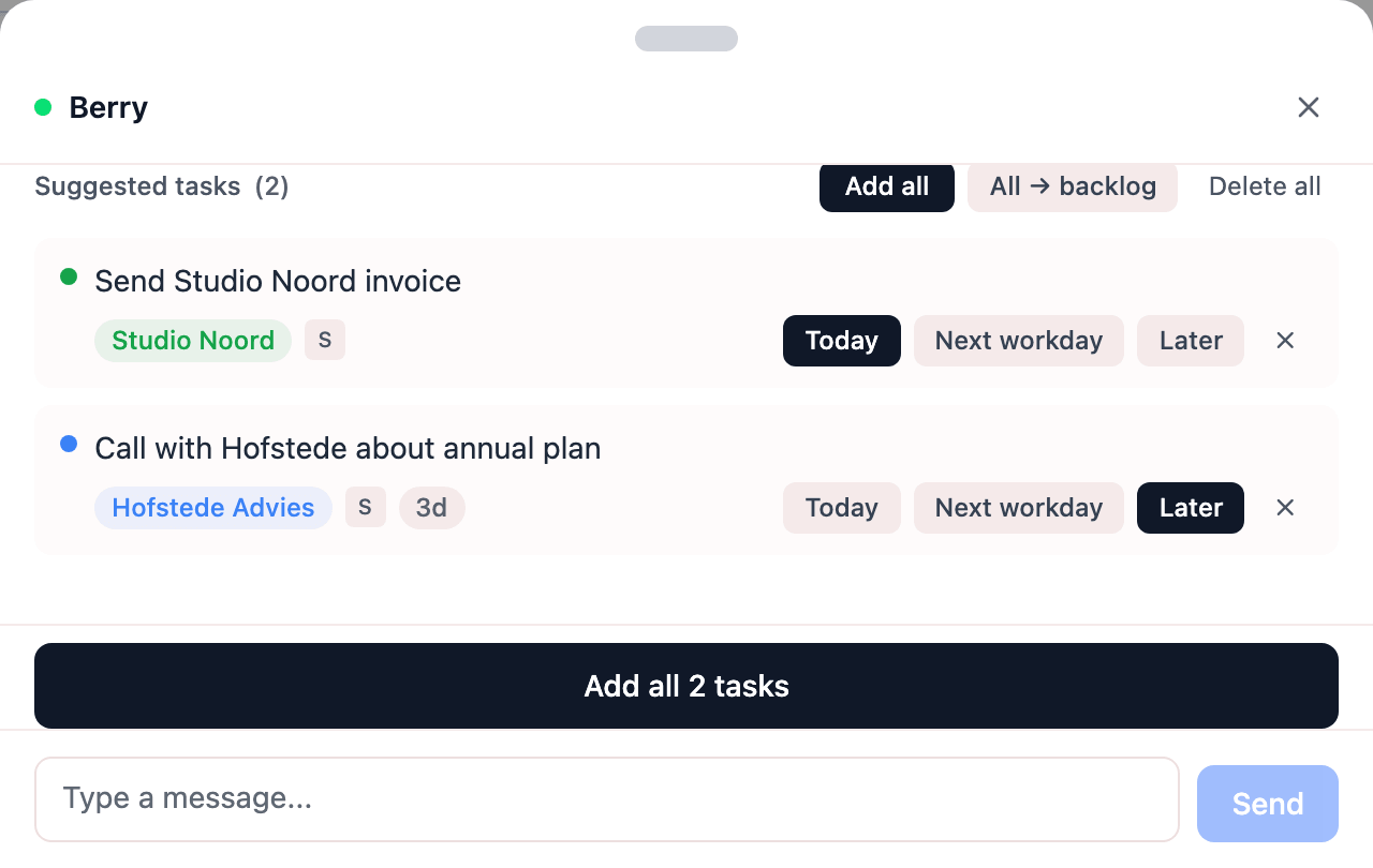 Berry with suggested tasks from a brain dump, each with a size and a client