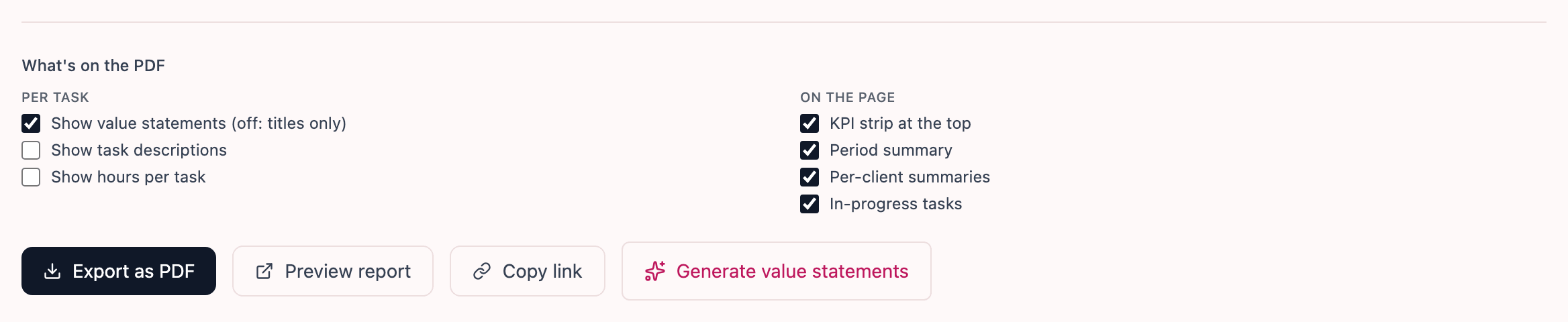 The bottom of the client report: checkboxes for what goes on the PDF and the buttons to export, preview and copy a link
