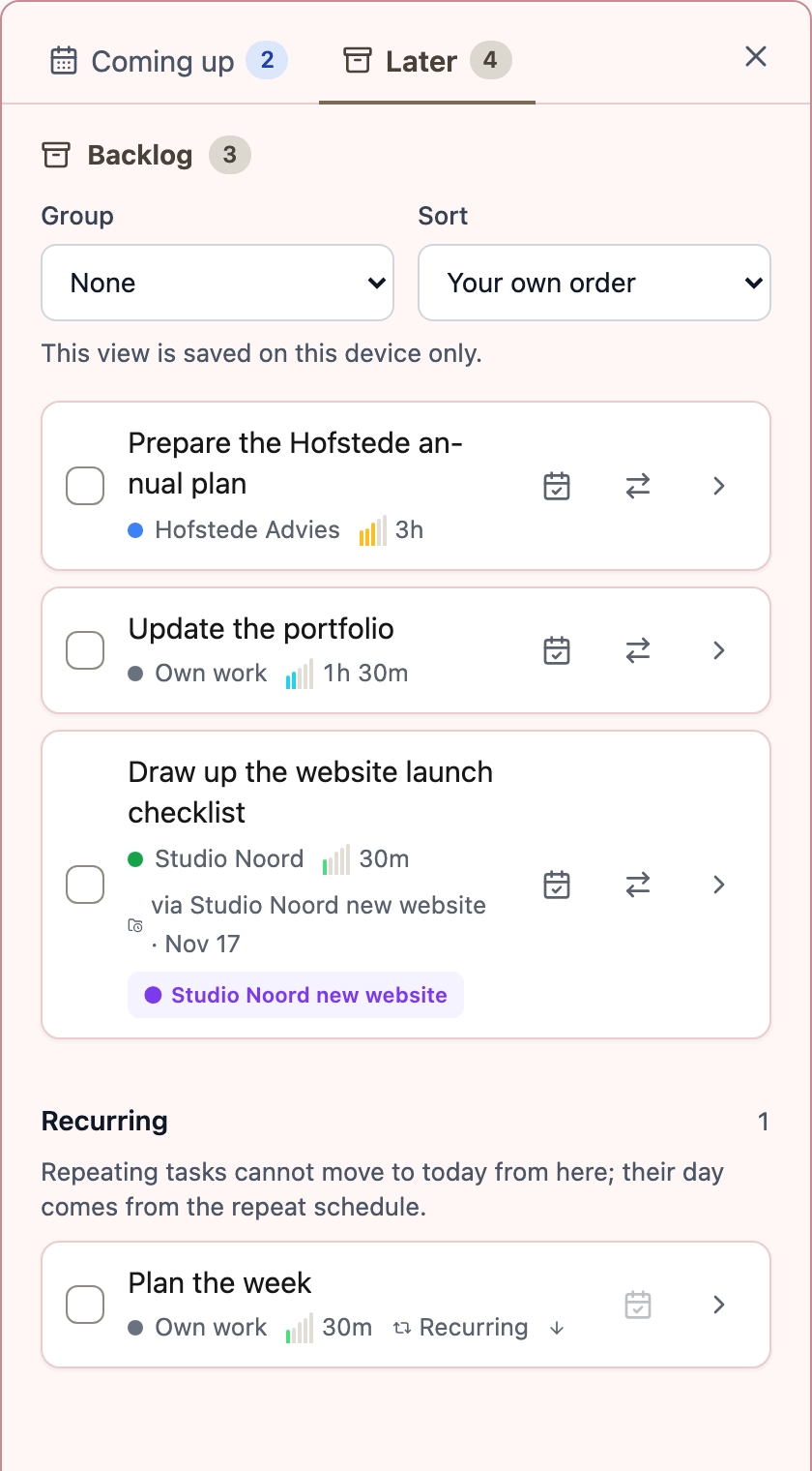 The panel on the Later tab. At the top Backlog with the Group and Sort options, below that three tasks and at the bottom the Recurring section with a repeating task.