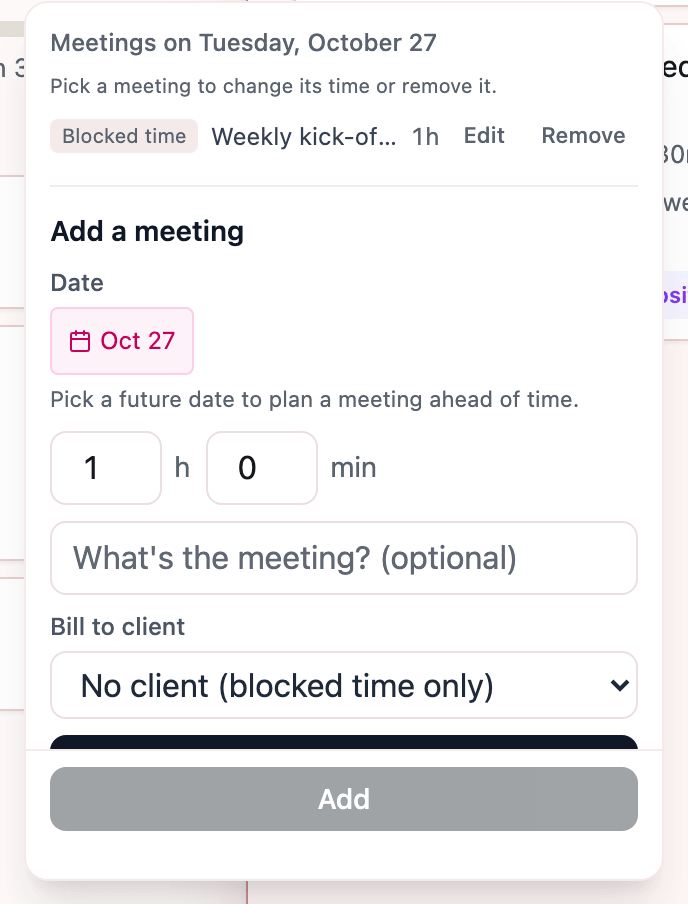 The Meetings panel: a list of that day's meetings and a form to add one
