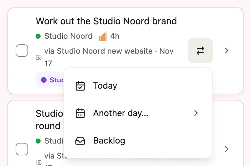 The Move menu open on a task, with the options Today, Another day and Backlog.