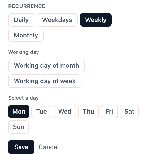 The window for making a task repeat, with daily, weekdays, weekly and monthly