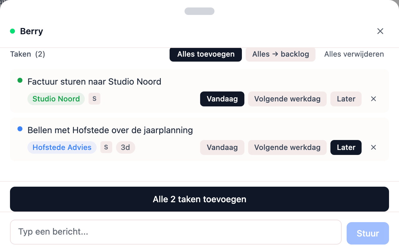 Berry met voorgestelde taken uit een brain dump, elk met een maat en een klant