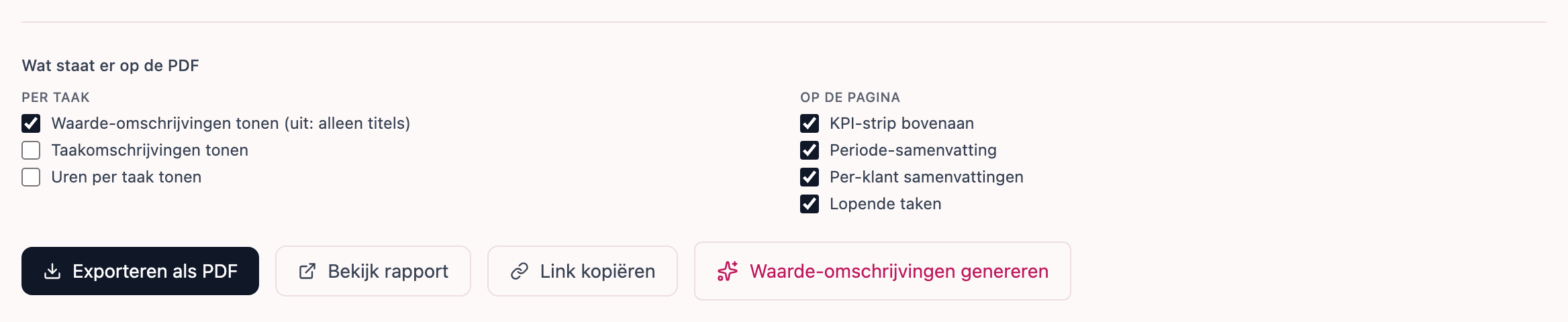 Onderaan het klantrapport: vinkjes voor wat er op de PDF komt en de knoppen om te exporteren, te bekijken en een link te kopiëren