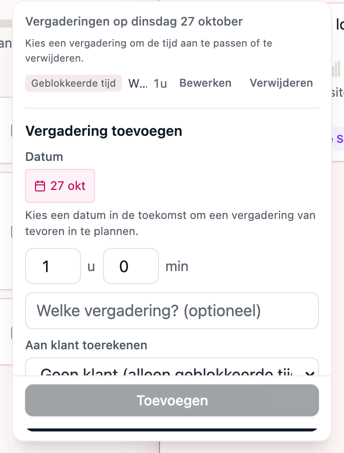 Het venster Vergaderingen: een lijst met vergaderingen van die dag en een formulier om er een toe te voegen