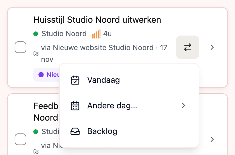 Het menu Verplaats open bij een taak, met de keuzes Vandaag, Andere dag en Backlog.
