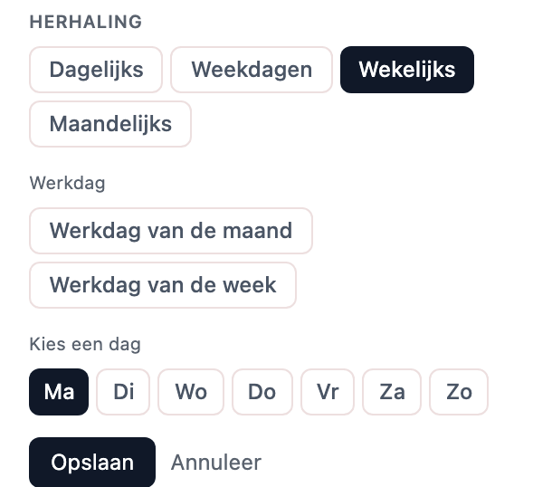 Het venster om een taak te laten herhalen, met dagelijks, weekdagen, wekelijks en maandelijks